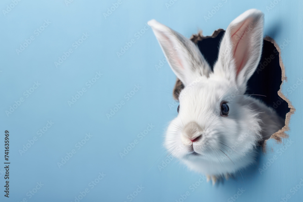 Cute white bunny peeking out of a hole in blue wall. Pastel blue color background for your text. Generative AI
