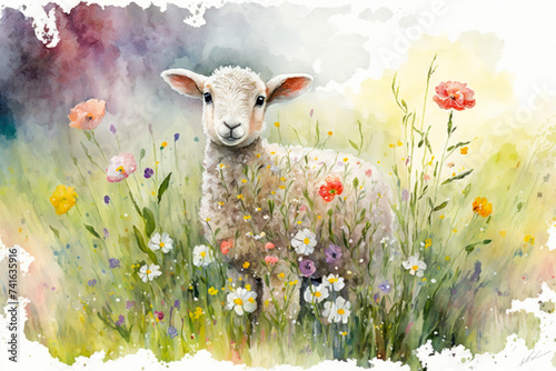 Watercolour painting of a cute lamb lamb on the lawn with flowers. For easter and spring greeting cards. Generative AI photo