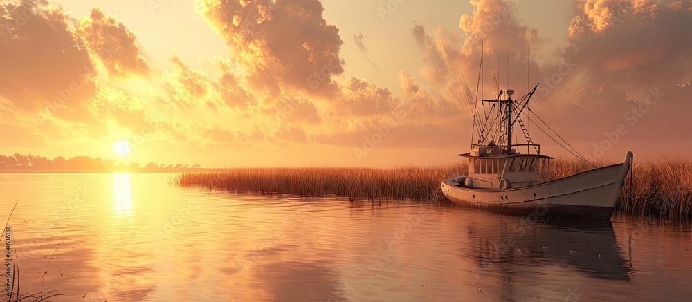 Shrimp boat moored in the backwaters of Charleston South Carolina at sunset. with copy space image. Place for adding text or design