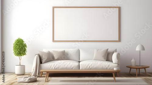 An empty horizontal poster frame mockup adorning the walls of a serene Scandinavian white style living room interior, creating a sense of tranquility. © Abbas Samar shad