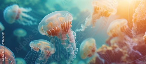 Jellyfish swarm in sunlight. with copy space image. Place for adding text or design photo