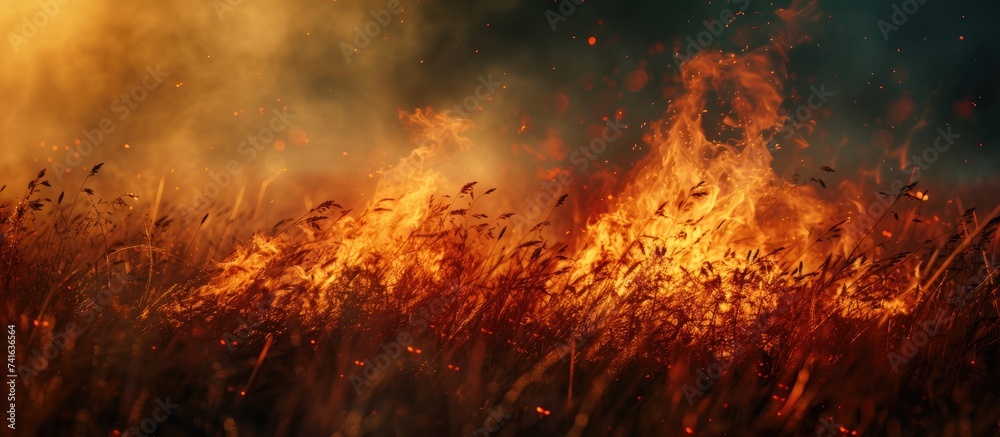 Flames from a wildfire on the old dry grass in the summer. with copy space image. Place for adding text or design