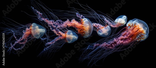 Nomadic jellyfish swimming at the surface with tiny silver fish hiding inside the stinging filaments. with copy space image. Place for adding text or design photo