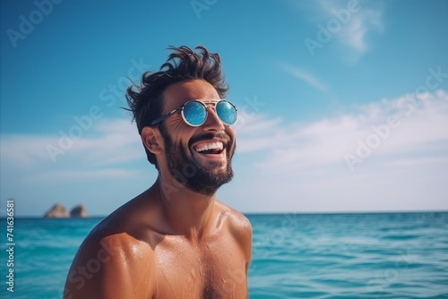 Portrait of handsome young man in sunglasses on the beach at sunrise © Nerea