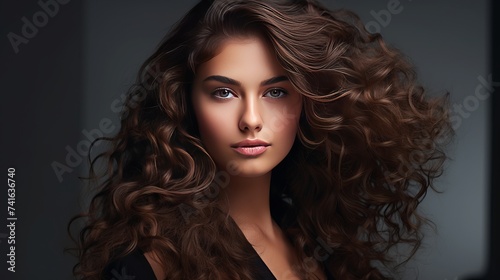 Beautiful girl with long wavy hair . Brunette model with curly hairstyle