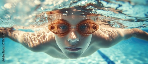Close up action shot of Teen boy swimming freestyle at swimming lesson. with copy space image. Place for adding text or design