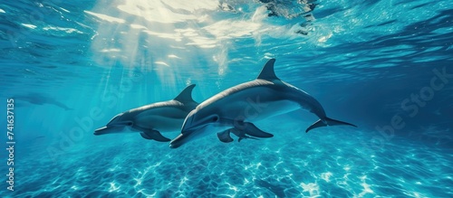 Pod of dolphins swimming near surface of clear blue ocean. with copy space image. Place for adding text or design © vxnaghiyev