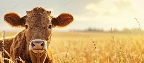 Beef cow and young calf looking at camera in a dry grassy field. with copy space image. Place for adding text or design