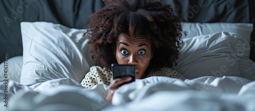 Shocked african american young woman laying in bed and looking at smartphone screen in her hand at home overslept Black lady is late for appointment or work or class study copy space