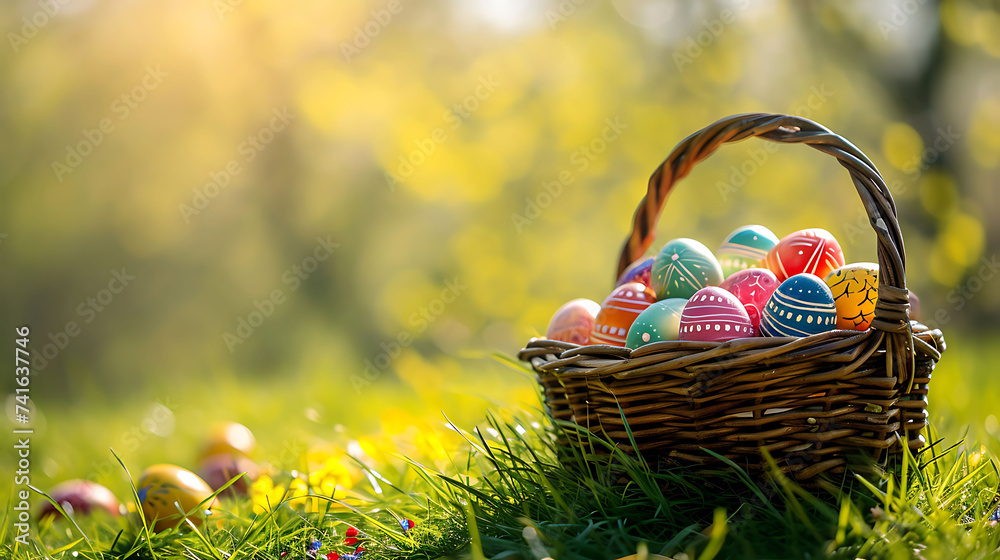 Nest with easter eggs in grass on a sunny spring day - Easter decoration, banner, panorama, background