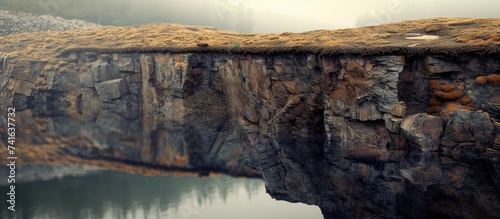 Glen Finglas reservoir showing soil Layers due to low water level Trossachs Scotland UK. with copy space image. Place for adding text or design photo