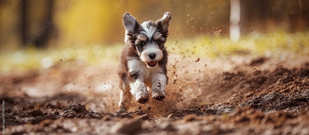 Fluffy and furry young bearded collie puppy dog running in a mud field in a sunny day. with copy space image. Place for adding text or design