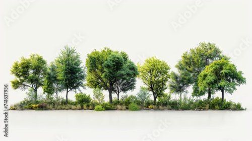 A row of green trees and shrubs isolated on a white background. Forestscape. High quality clipping mask. A forest and green foliage. photo