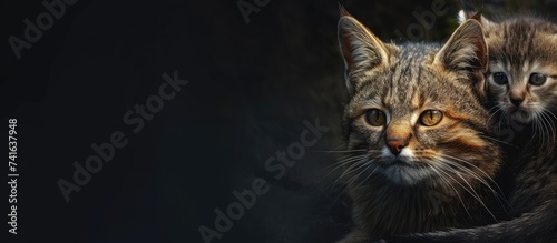 Scottish Wildcat Felis silvestris silvestris and kitten. with copy space image. Place for adding text or design photo