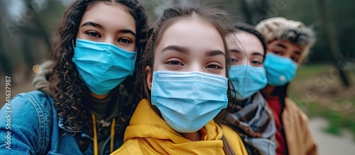 Group of teenagers friends at park wearing medical masks to protect from infections and diseases Conceptual Coronavirus virus quarantine Copy space Multiracial people having fun together