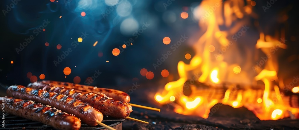 Grilling sausages over a campfire Grilling food over flames of bonfire on wooden branch stick spears in nature at night Scouts way of preparing food Campfire in the garden. with copy space image - obrazy, fototapety, plakaty 