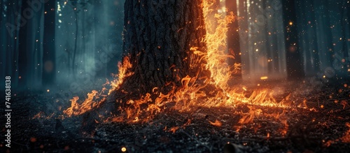 Development of forest fire Flame is starting trunk damage. with copy space image. Place for adding text or design