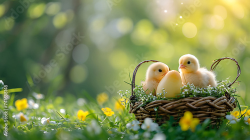 Nest with easter eggs and chicks in grass on a sunny spring day - Easter decoration, banner, panorama, background © Zain