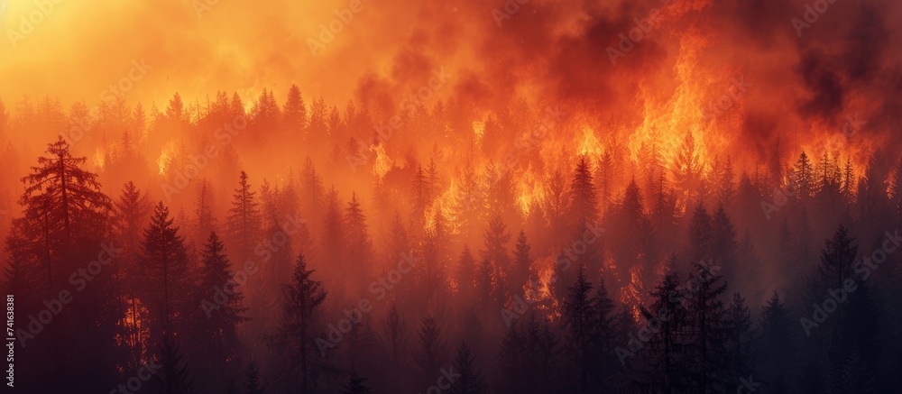 fire wildfire at sunset burning pine forest in the smoke and flames. with copy space image. Place for adding text or design