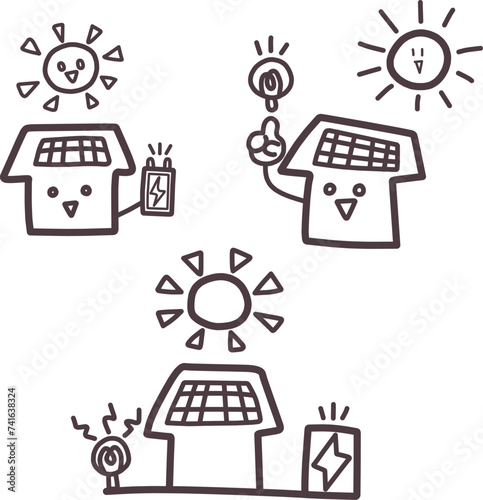 家庭での太陽光発電をイメージした家のキャラクターや太陽のイラストセット
