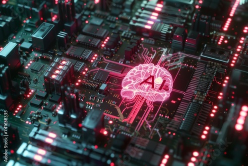 AI Brain Chip ram slots. Artificial Intelligence semiconductor economics human fans mind circuit board. Neuronal network lobules smart computer processor server patch management