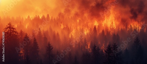 fire wildfire at sunset burning pine forest in the smoke and flames. with copy space image. Place for adding text or design © vxnaghiyev