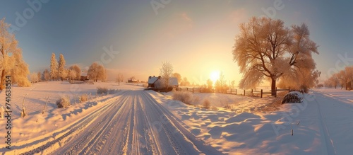 Country road through snow covered field after a blizzard at sunset Clear sky golden light Idyllic rural scene Panoramic view Christmas logistics dangerous driving off road transportation