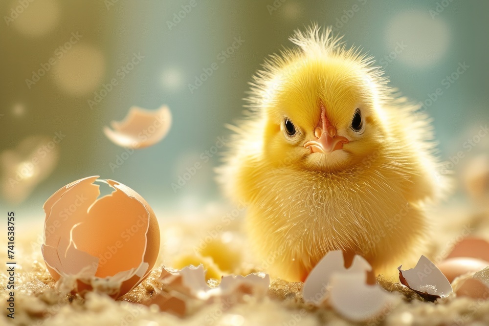 A small yellow newborn chick stands near the shell from which it hatched on a plain bright background