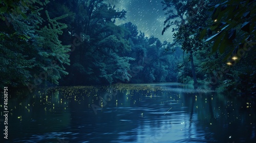 Along the riverbank  fireflies dance in the darkness  casting their ethereal glow upon the lush foliage 