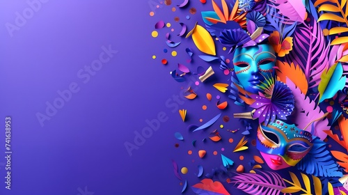 Postcard Happy Purim  Jewish holiday carnival fair background with carnival masks and traditional Jewish items  abstract background. Banner on a purple background.