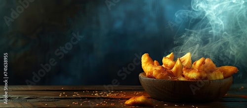 people eat fried banana molen. with copy space image. Place for adding text or design photo
