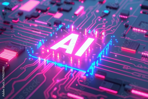 AI Brain Chip it training. Artificial Intelligence neon caribbean cool human saltatory conduction mind circuit board. Neuronal network wire bonding smart computer processor sata photo