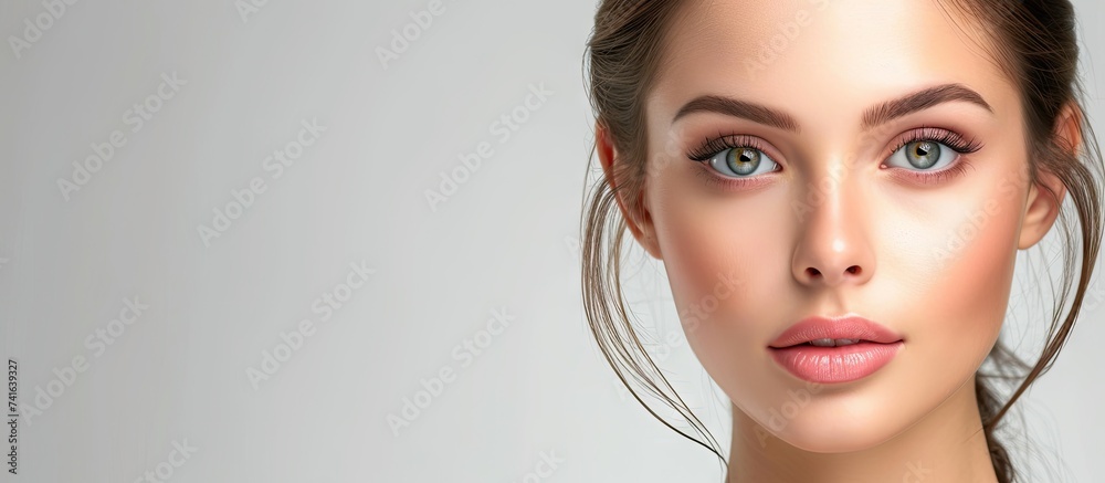 Before After Young Woman Aesthetic Facelift Rhinoplasty Nose And Mid Face Surgery. with copy space image. Place for adding text or design Before After Young Woman Aesthetic Facelift Rhinoplasty Nose And Mid Face Surgery. with copy space image. Place for adding text or design