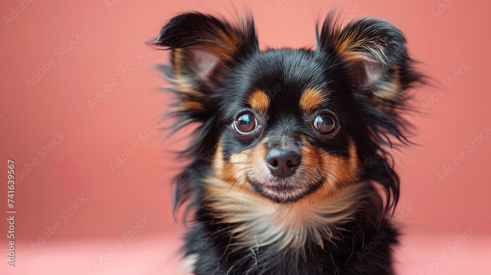 In front of a pink background, a black and brown chihuahua dog looks forward and stares into the camera
