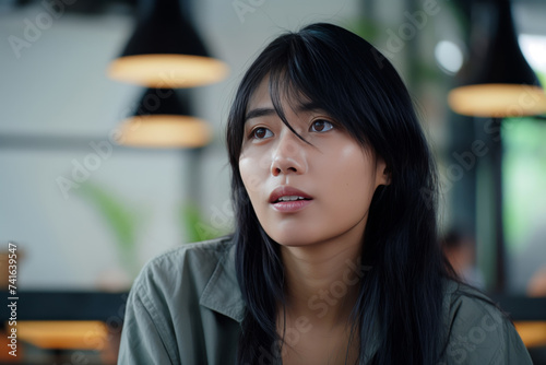 A contemplative young Asian woman looks away thoughtfully in a modern cafe setting.