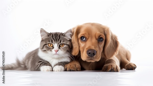 Cat and Dog above white banner looking at camera. isolated on white background