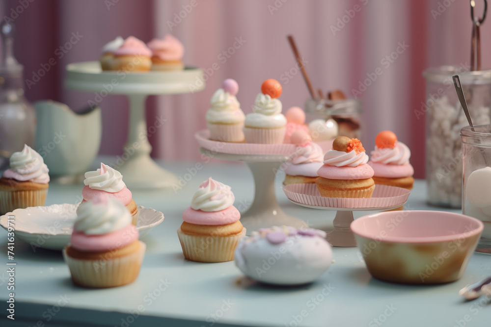 Delicious assortment of cupcakes adorned with pink icing, sprinkles, cream, and chocolate – perfect for birthdays, parties, or any sweet celebration