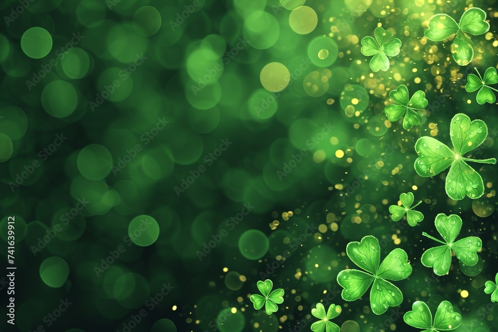 Green clovers close up for st patrick's day celebration on blurred green bright background	
