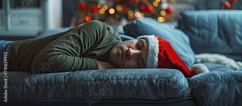 Sick man at home for Christmas sitting on the sofa in a New Year s hat has severe nausea and stomach pain. with copy space image. Place for adding text or design