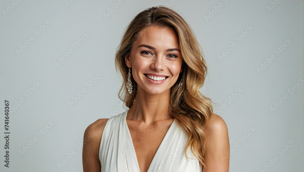 happy smiling beautiful woman in a elegant dress looking at the camera on a clean background - obrazy, fototapety, plakaty 