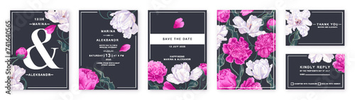 Spring banner with blooming white and pink tulip and peony flowers on a dark background. Highly realistic plants, botanical wedding invitation vector. Collection of wedding invitations and RSVPs