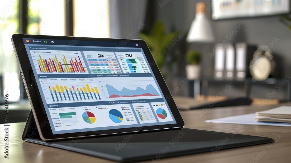 Close up of a tablet with financial charts on screen Close up of a tablet with financial charts on screen