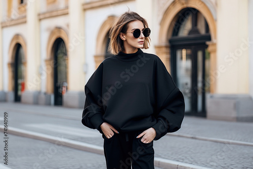 Stylish young woman in a black coat and sunglasses on the street. Mock-up for design. Blank template. © gamespirit