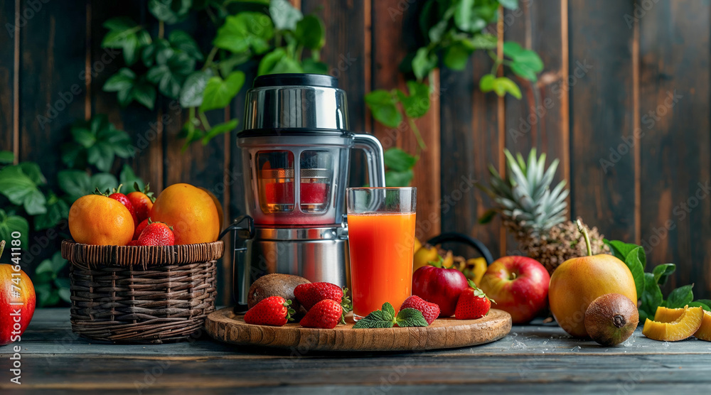extracteur de jus posé sur une table à côté d'un verre de jus de fruits et de fruits frais extracteur de jus posé sur une table à côté d'un verre de jus de fruits et de fruits frais