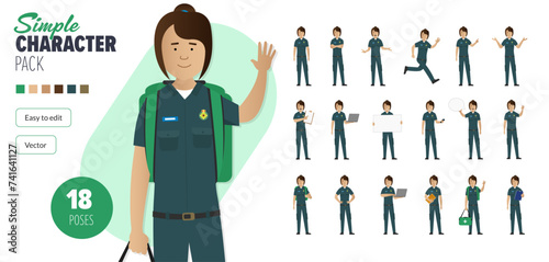 Simple flat female paramedic first responder vector character in a set of multiple poses. Easy to edit and isolated on a white background. Modern trendy style character mega pack with lots of poses.