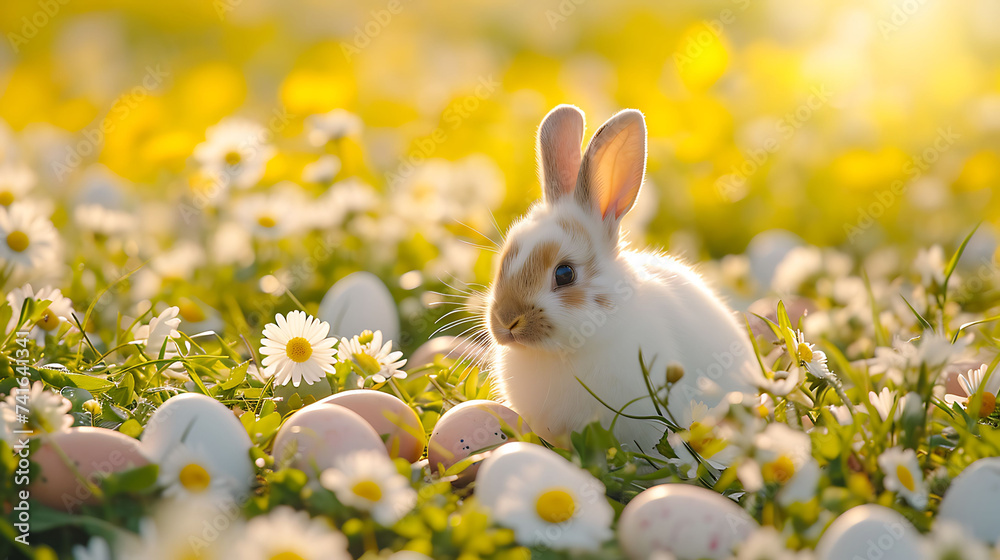 Easter Eggs in a flower field with white bunny Easter Eggs in a flower field with white bunny