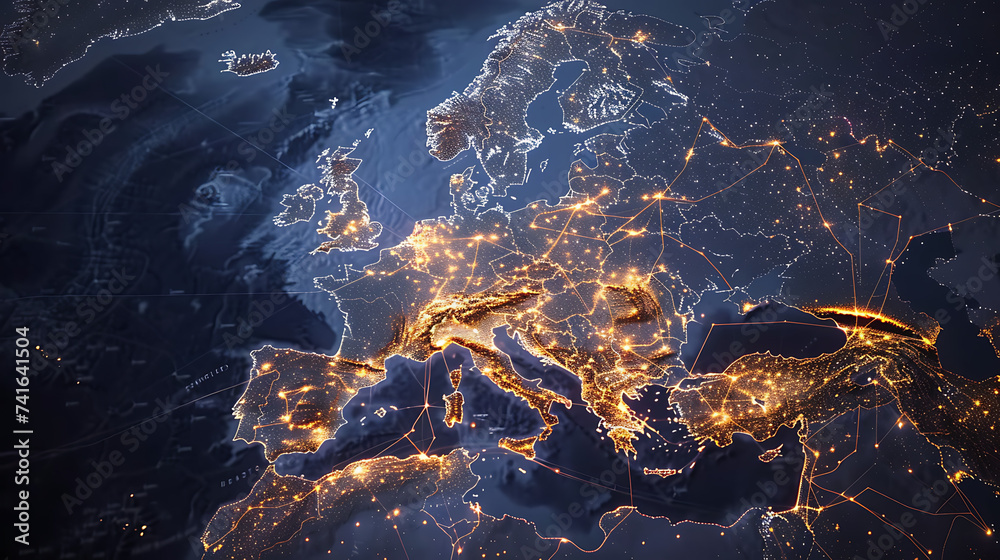 A digital map of Western Europe adorned with luminous pathways, representing the region's central role in the global exchange of goods and ideas - obrazy, fototapety, plakaty 