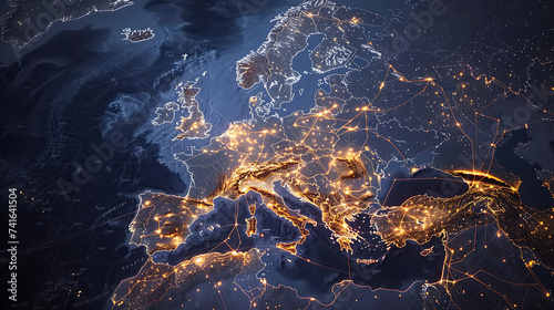 A digital map of Western Europe adorned with luminous pathways, representing the region's central role in the global exchange of goods and ideas © Simo