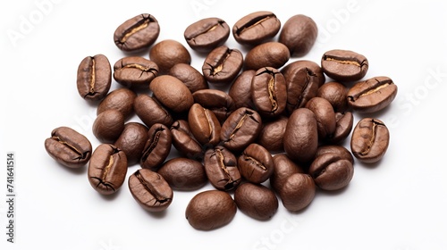 Closeup shot of coffee beans on white background. Seed nature from above view. Group agriculture grain arabica. Photos from the top view