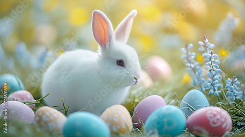 Easter Eggs in a flower field with white bunny © Zain